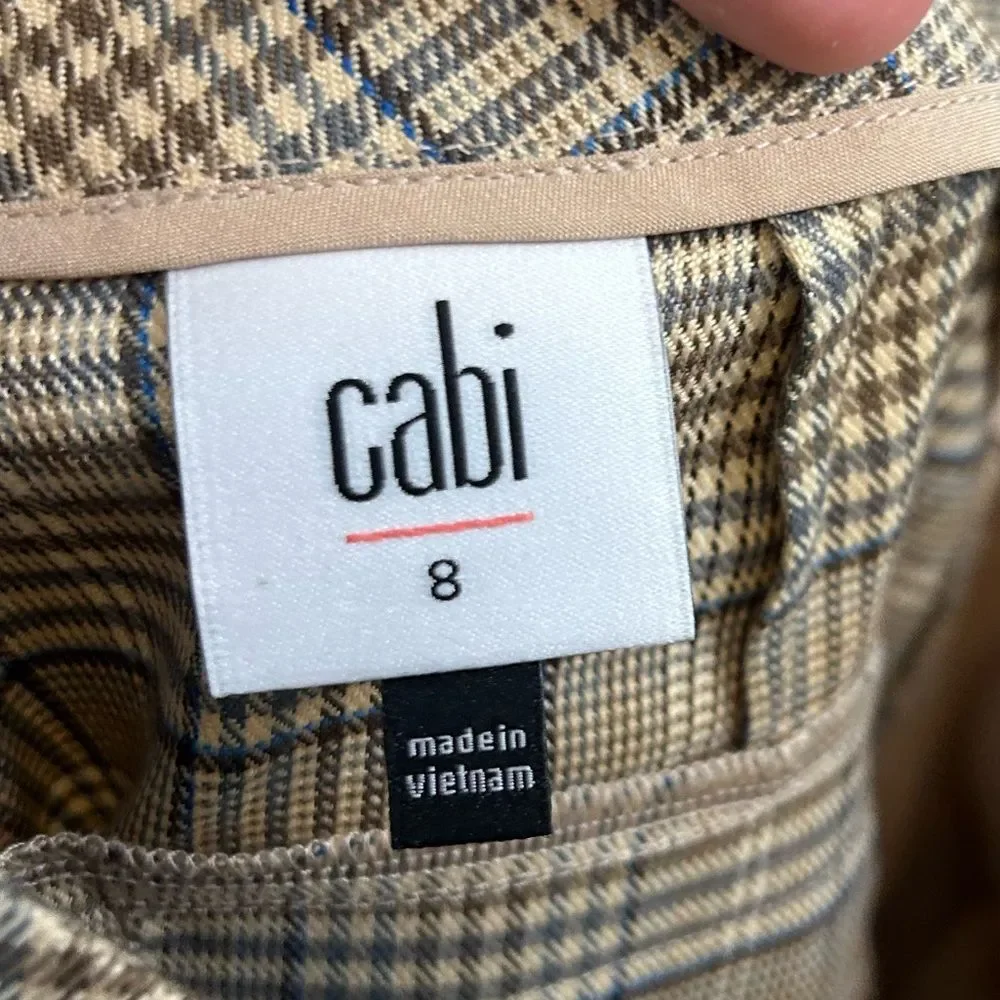 CAbi Tribute Khaki Blue Plaid Cropped Kick Flare Trousers Size 8